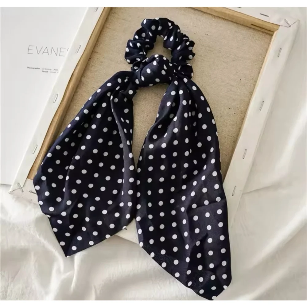 Black polka dot Print Bow Satin Long Ribbon Ponytail Scarf‎ Hair Tie Scrunchies